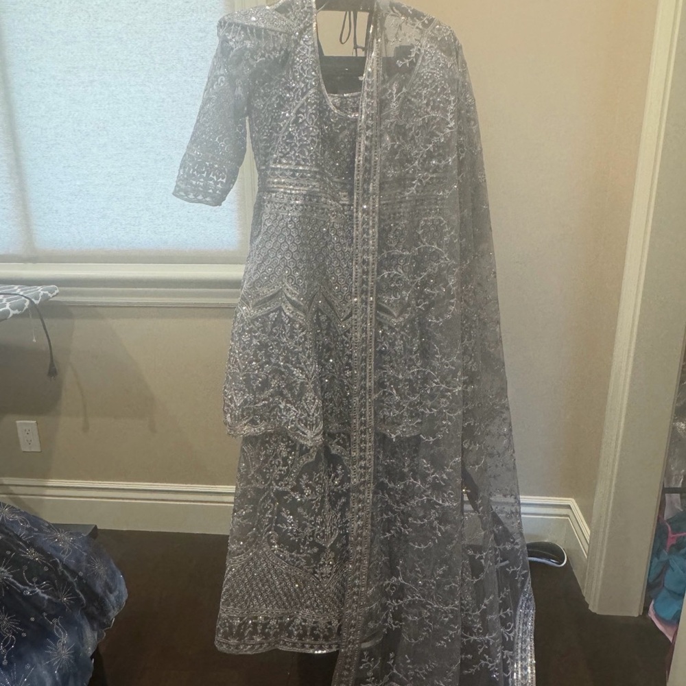 Embellished Silver Sequin Lehenga with Sheer Dupatta